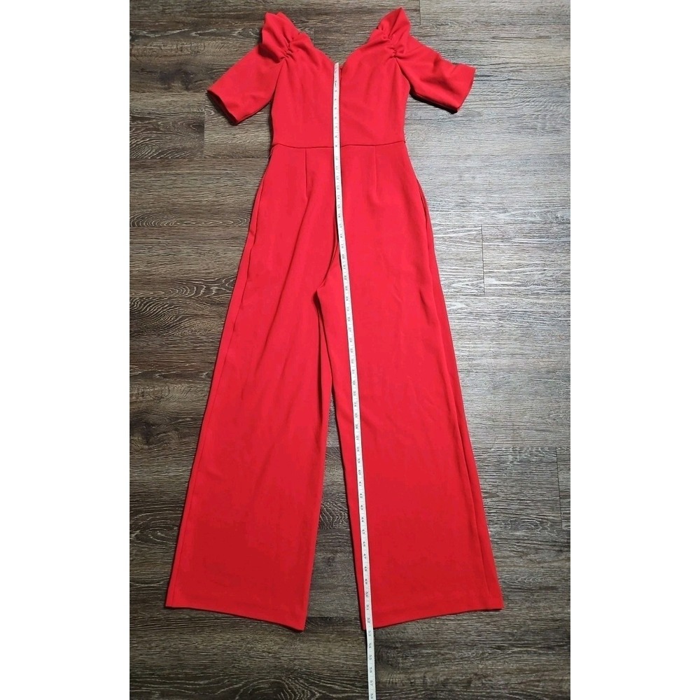 Badgley Mischka Belle Mia Red Rushed Crossover Neckline Wide-leg Jumpsuit Size 2 - Picture 10 of 14